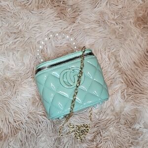 Mini Quilted Patent Crossbody Bag with Faux Pearl Handle Gold Chain Micro Purse